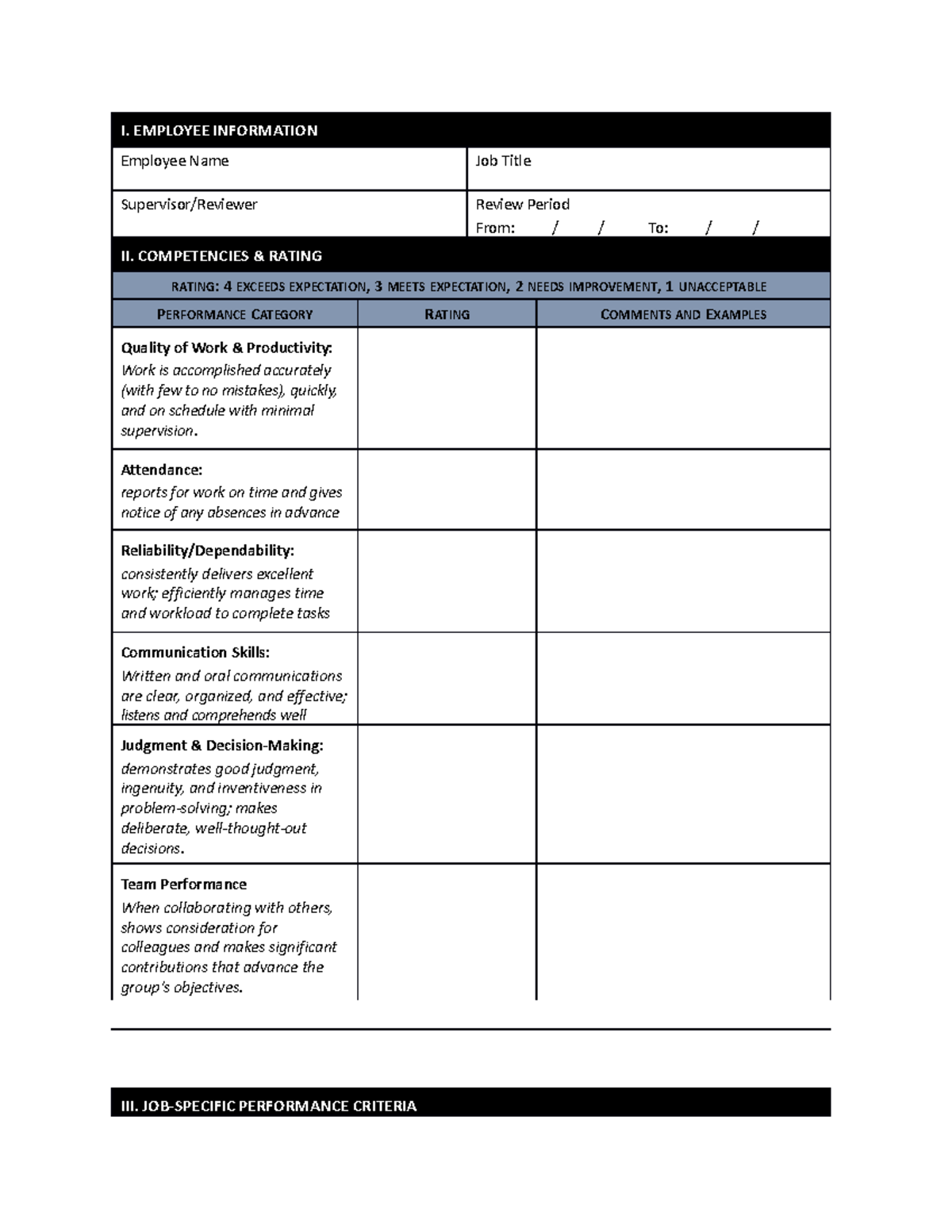 BUS 303 Perfomence Appraisal week 4 - I. EMPLOYEE INFORMATION Employee ...