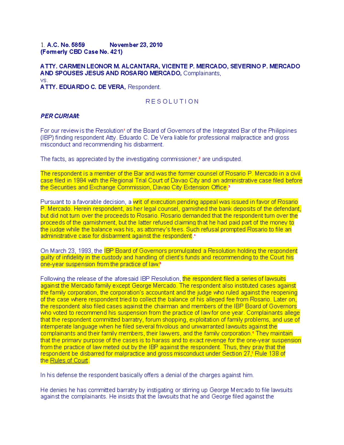 1. ATTY Alcantara VS DE VERA - 1. A. No. 5859 November 23, 2010 ...