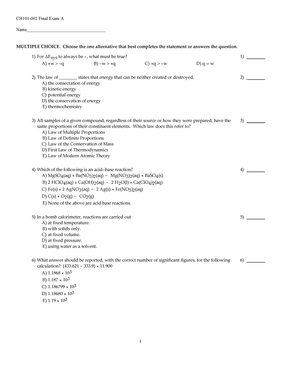 F21 Final Exam A w KEY - practice exam - CH101-002 Final Exam A - Studocu