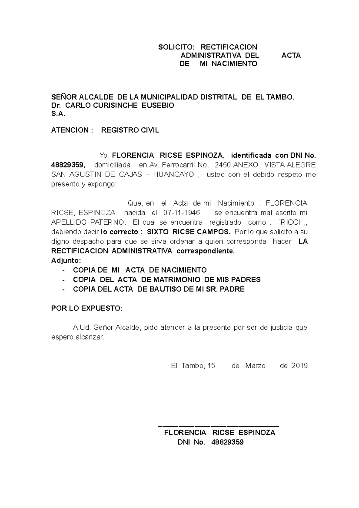 Rectificacion DE Partida DE Nacimiento - SOLICITO: RECTIFICACION ...