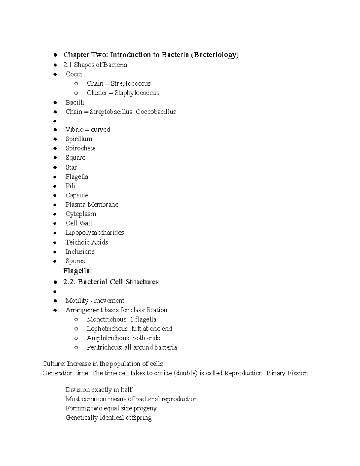 Micro Bio Chp Notes 4 - Chapter Two: Introduction To Bacteria 