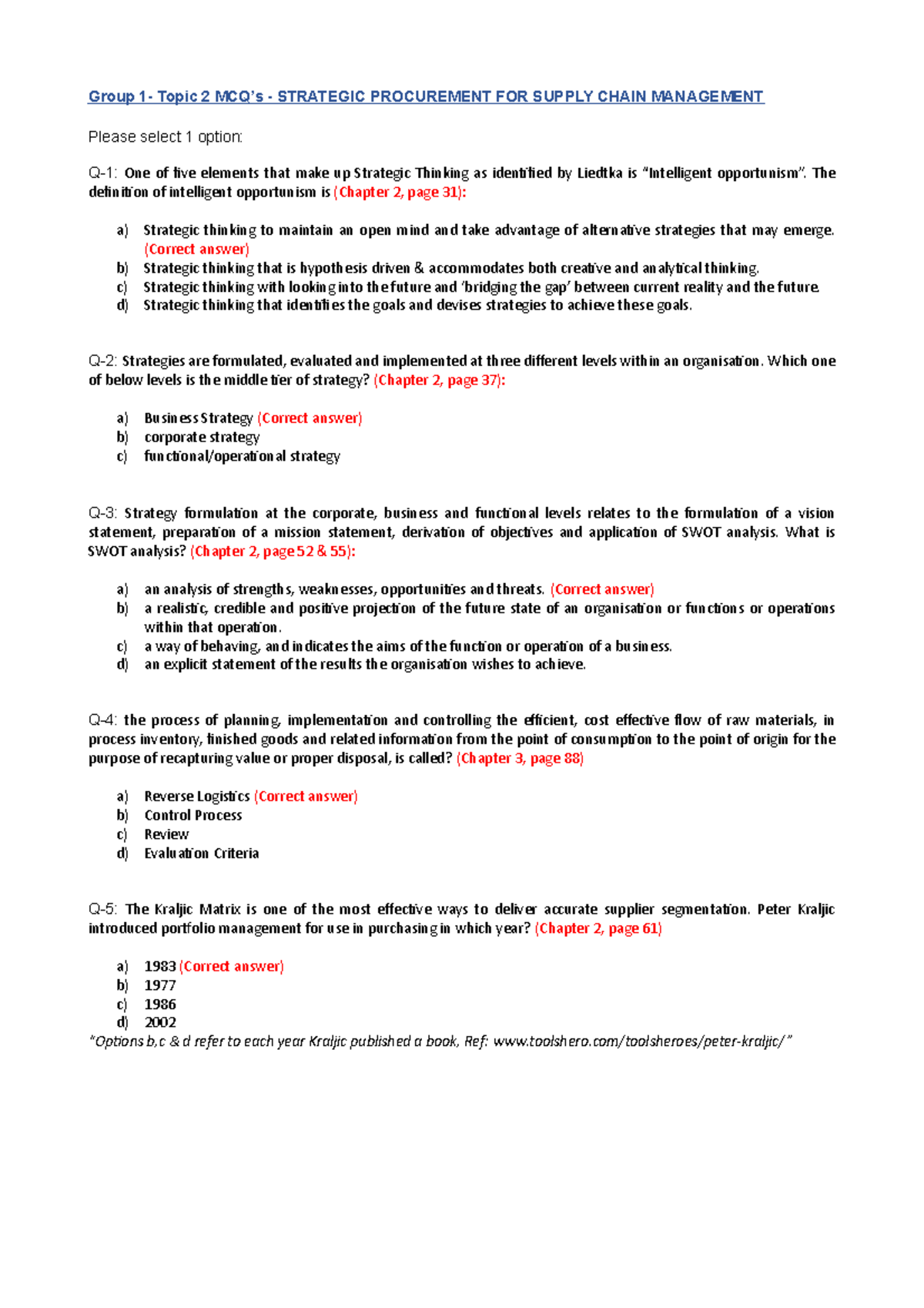 Topic 2 MCQ MCQs Group 1 Topic 2 MCQ’s STRATEGIC PROCUREMENT FOR