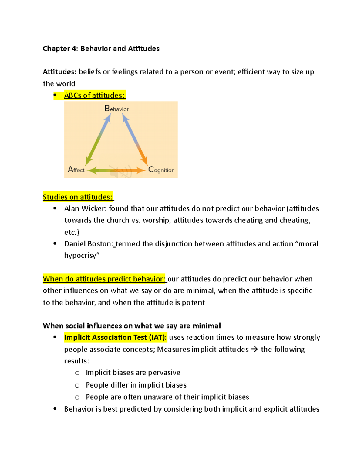 Social Psychology Ch. 4 - Chapter 4: Behavior and Attitudes Attitudes ...