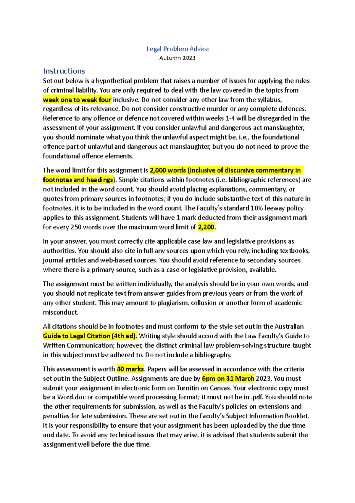 Criminal Law assignment Autumn 2023 - Legal Problem Advice Autumn 2023 ...