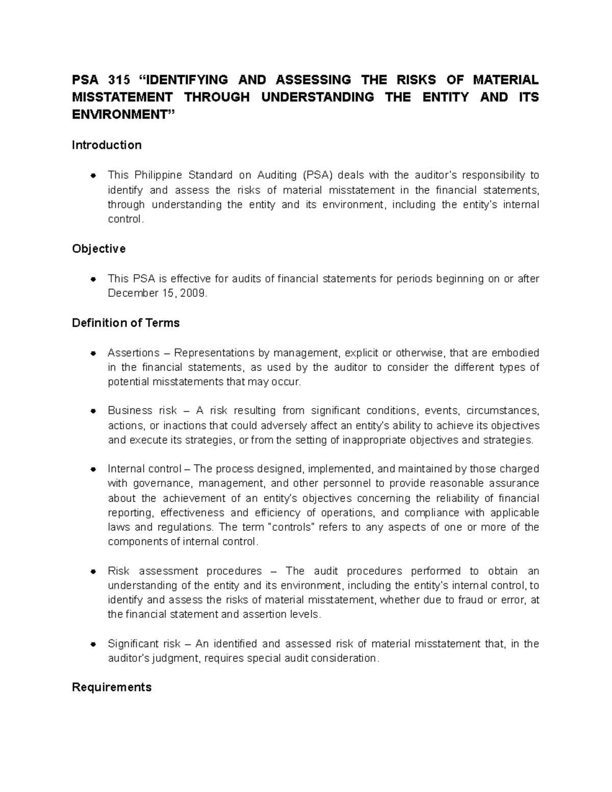 PSA 315 - Focus Notes - PSA 315 “IDENTIFYING AND ASSESSING THE RISKS OF ...
