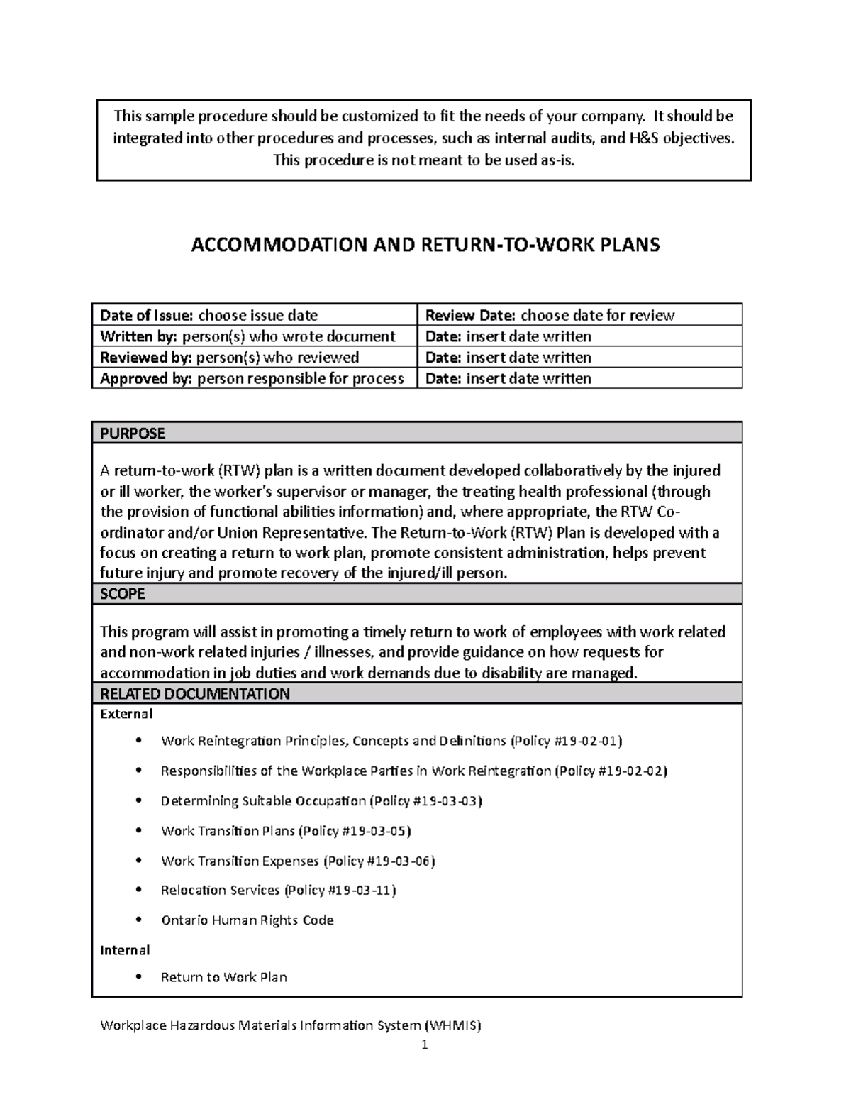 Accommodation and Return to Work Sample Procedure - ACCOMMODATION AND ...