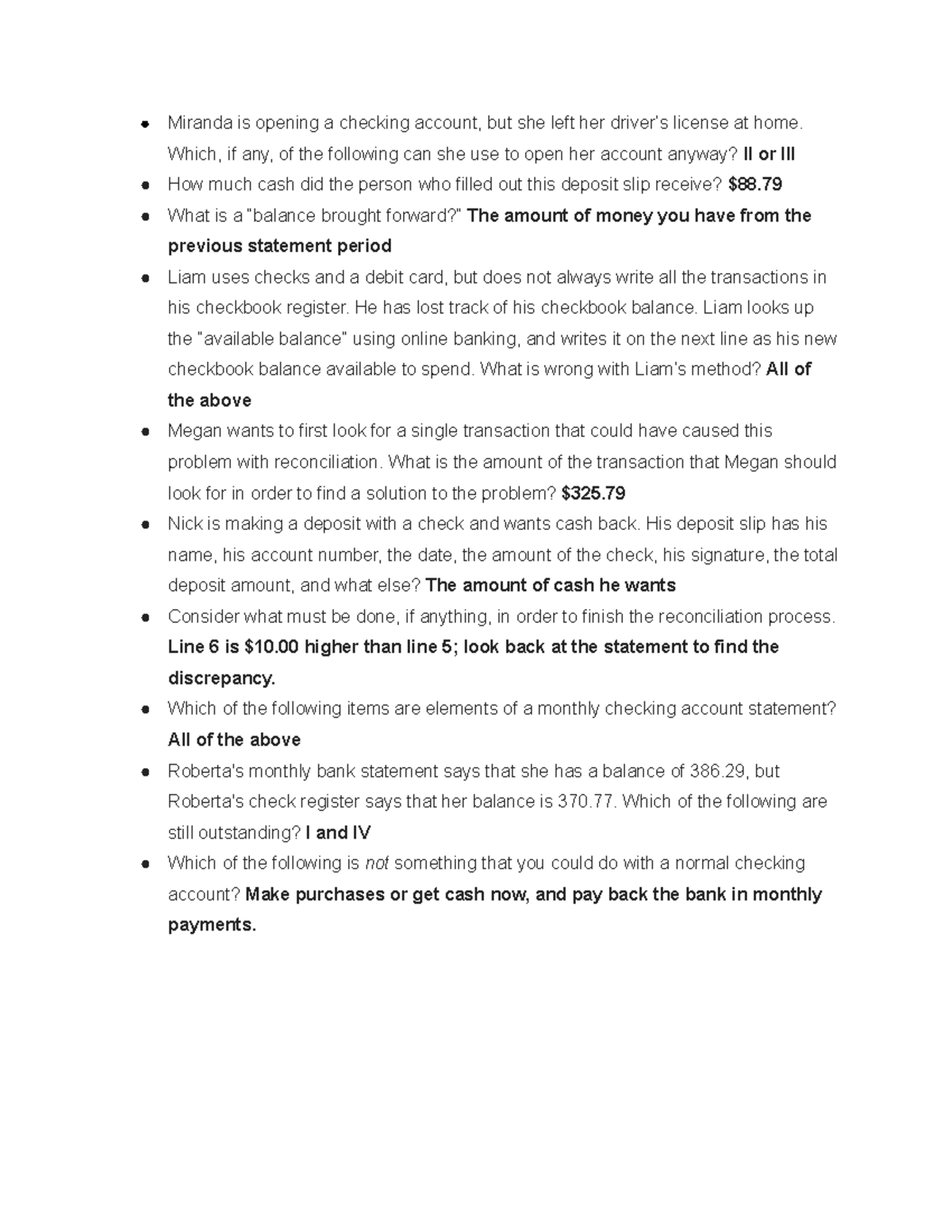Checking Accounts Quiz - Miranda is opening a checking account, but she ...