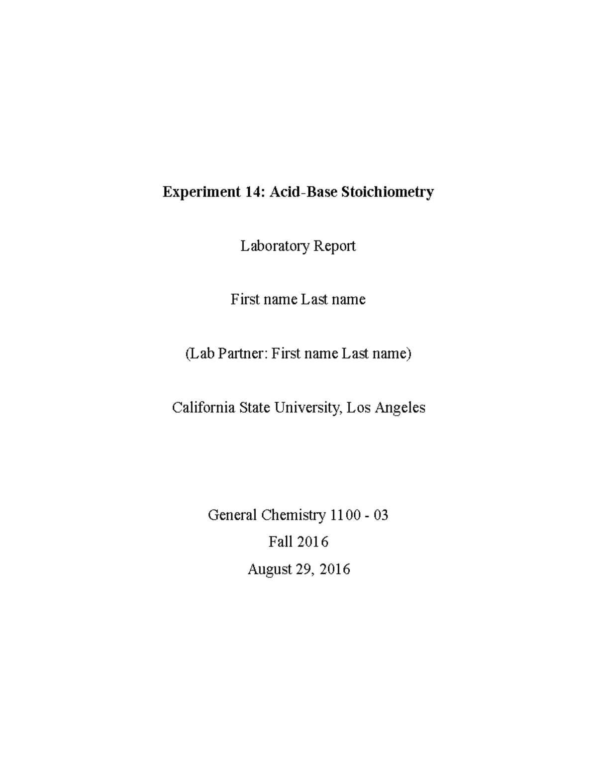 Sample Report Organic Chemistry Sample 2 Experiment 14 AcidBase