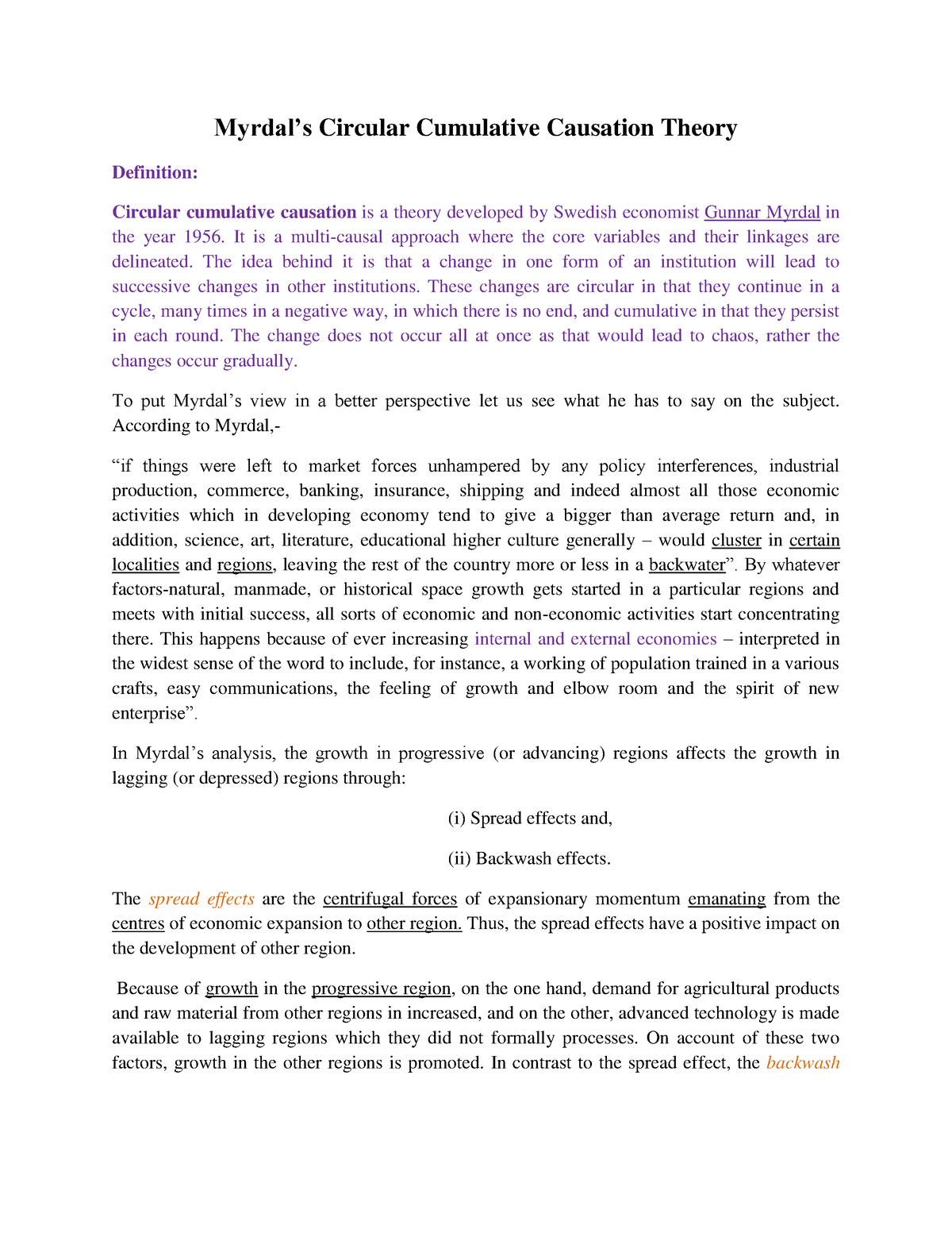 Myrdal's Theory - Myrdal’s Circular Cumulative Causation Theory ...