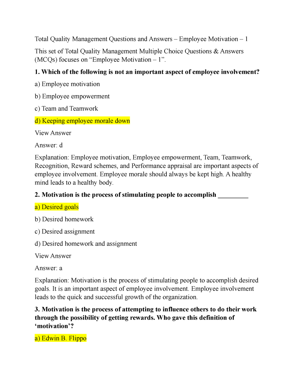 total quality management case study with questions and answers