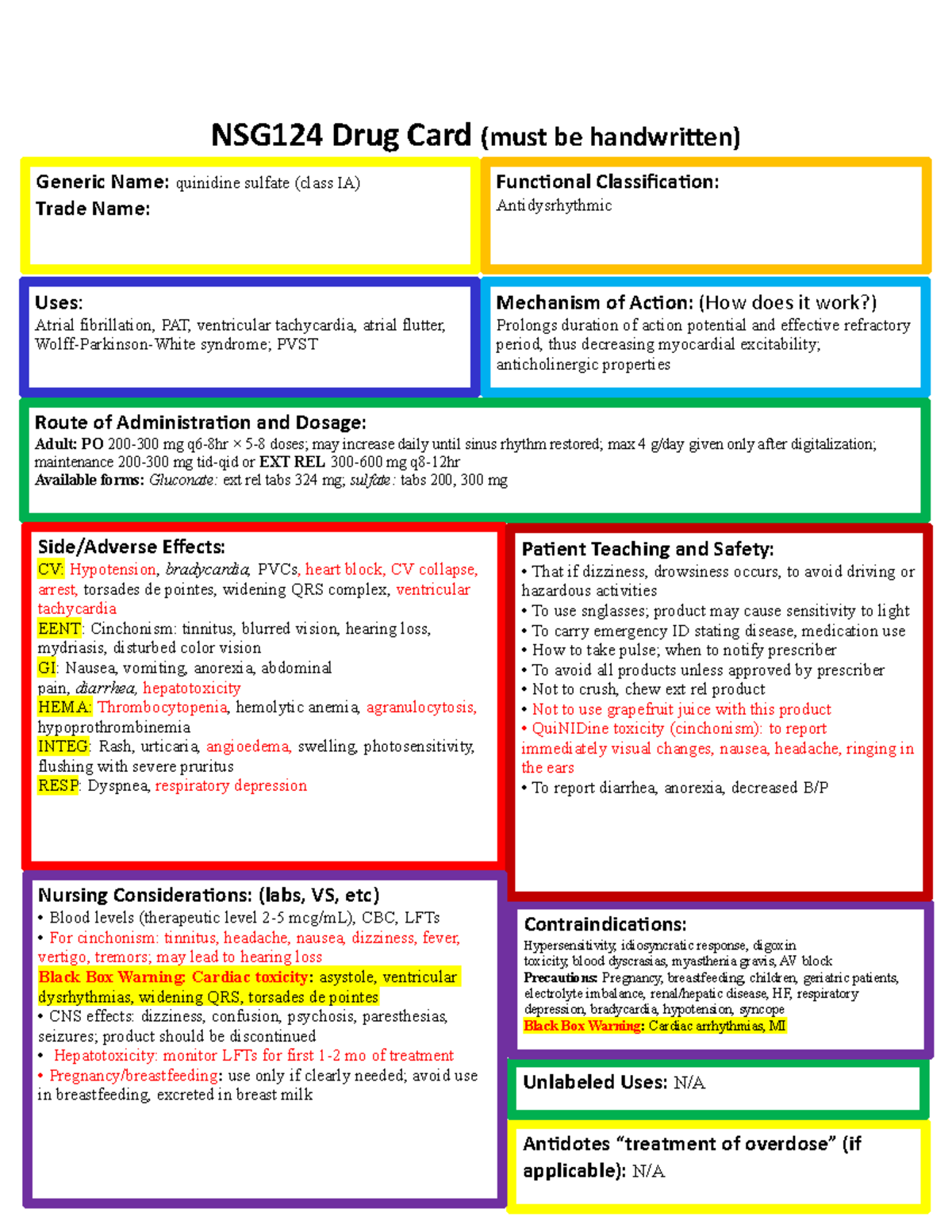 Week 10 Drug Cards Generic Name quinidine sulfate (class IA) Trade