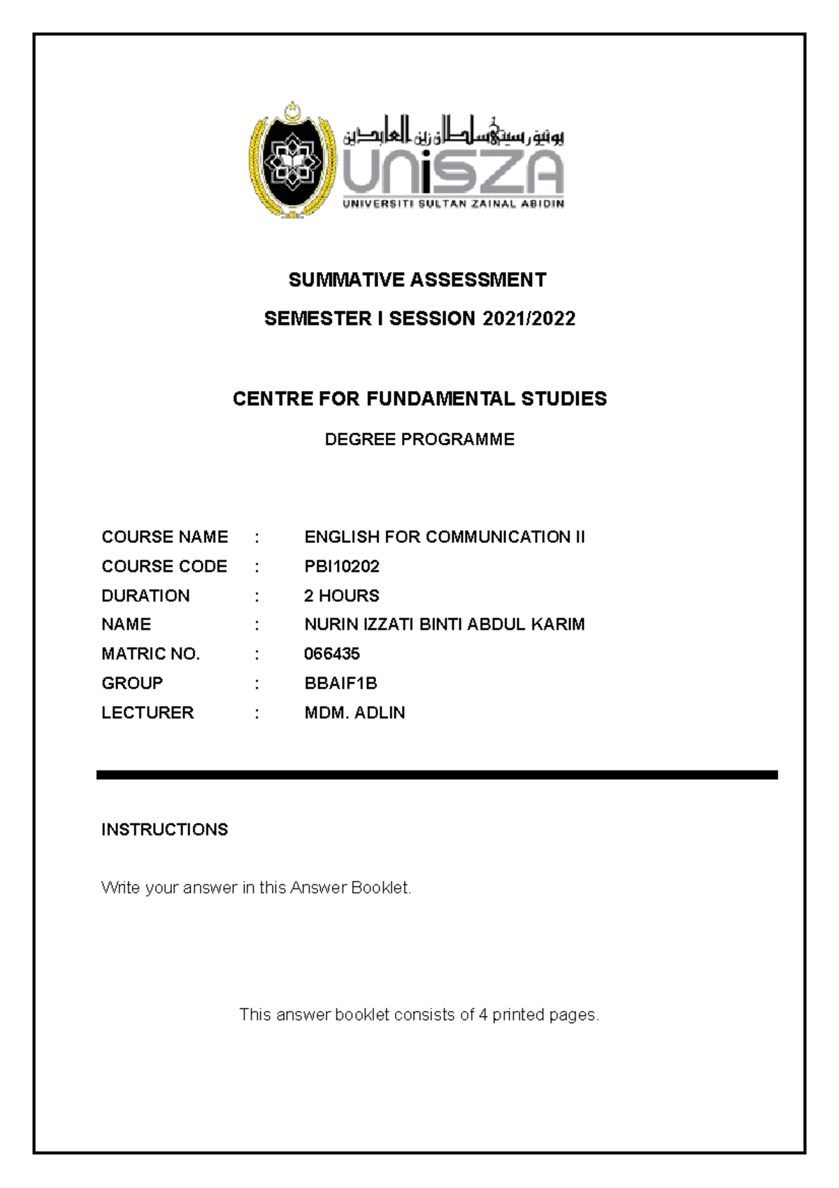 ENG COMM2 Answer Booklet - SUMMATIVE ASSESSMENT SEMESTER I SESSION 2021 ...