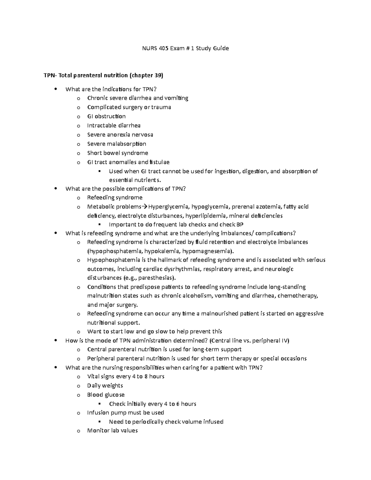 Exam # 1 Study Guide-updated - NURS 405 Exam # 1 Study Guide TPN- Total ...