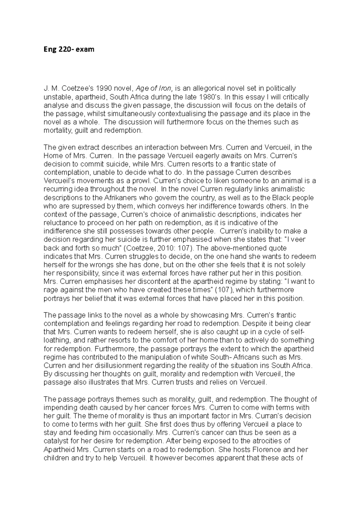 Eng 220 exam Q1 exam essay q1 Eng 220 exam J. M. Coetzee’s 1990