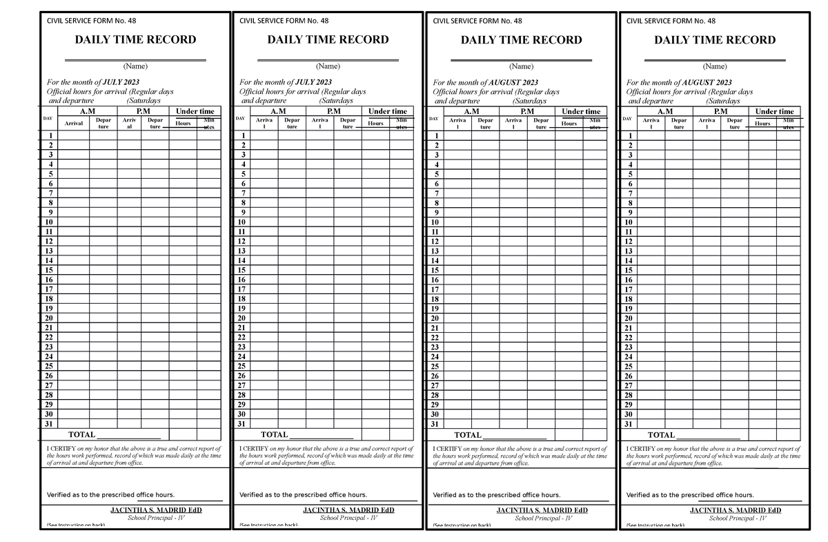 Template - CIVIL SERVICE FORM No. 48 DAILY TIME RECORD ...