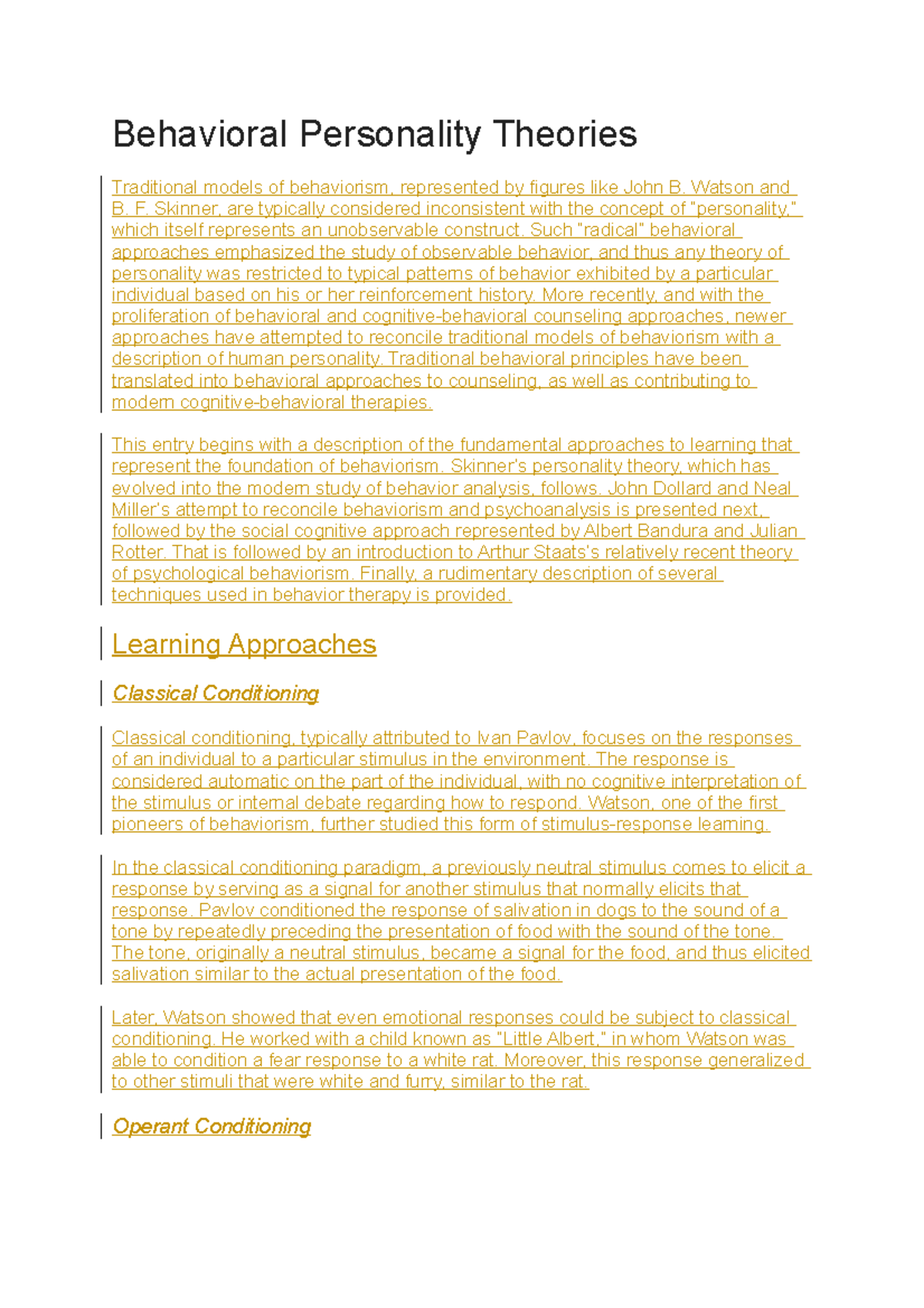 Behavioral Personality Theories - Behavioral Personality Theories ...