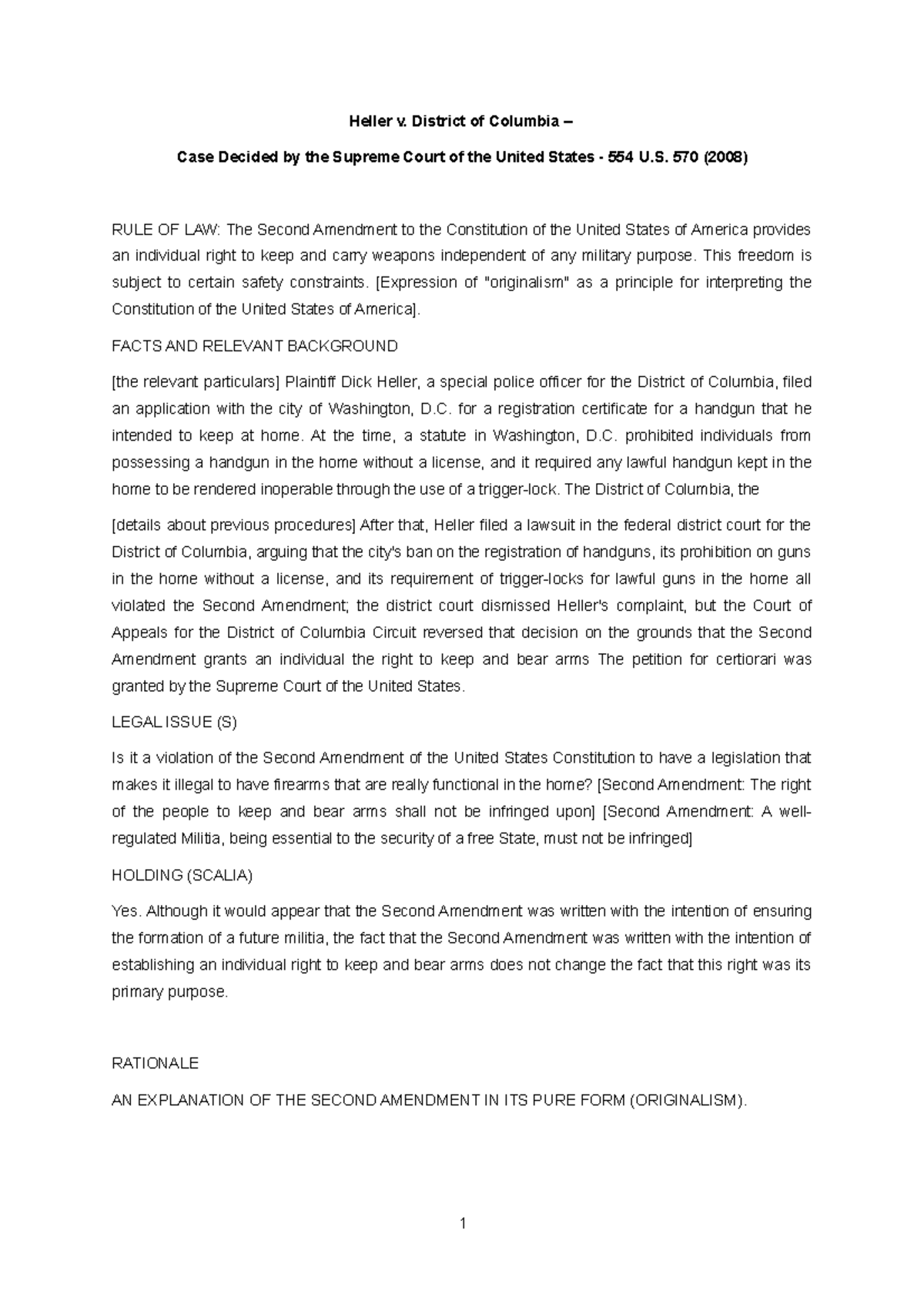 Case brief Heller DC Columbia (right to keep bear arms) Heller v