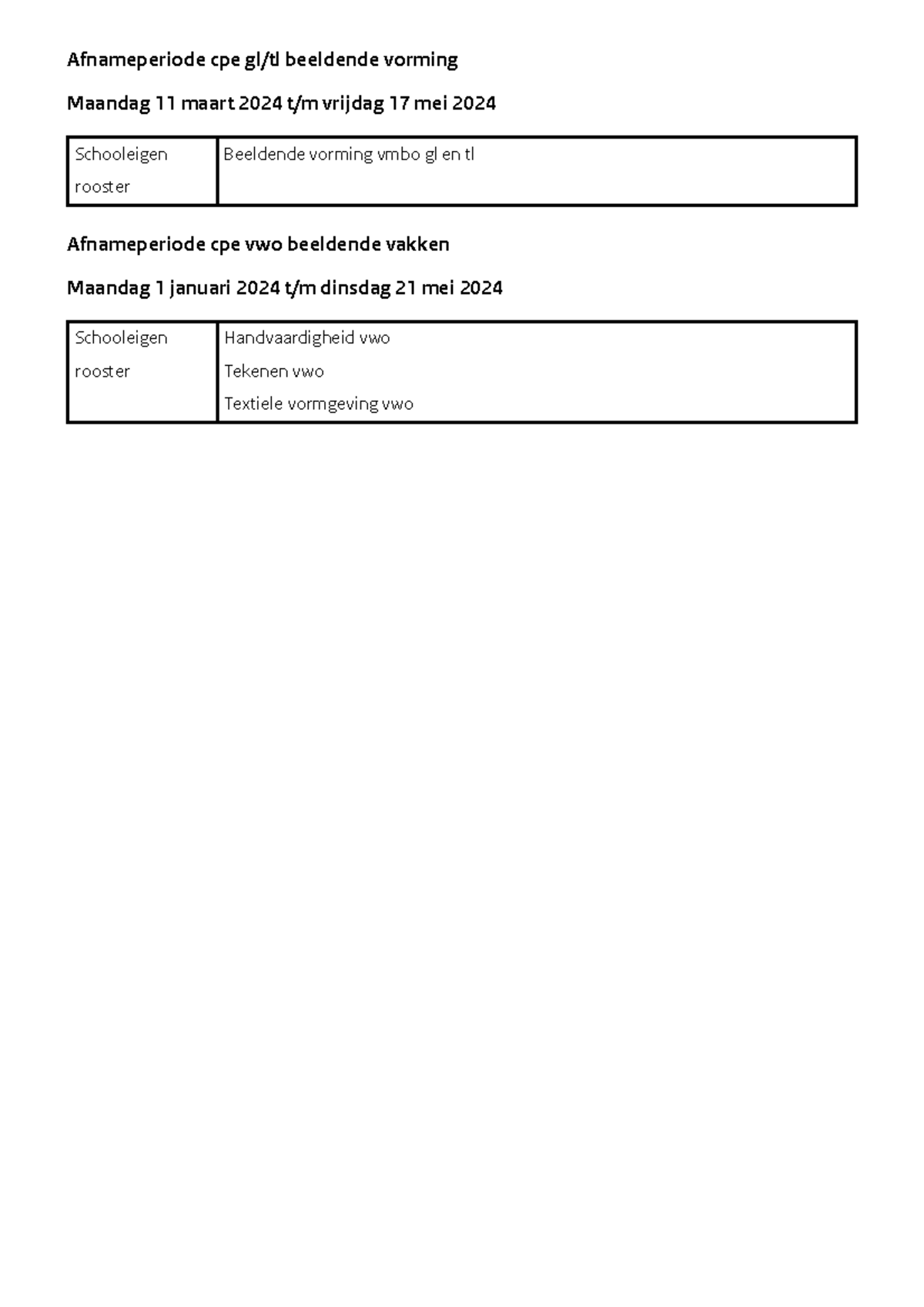 Examenrooster 2024 Examenblad Afnameperiode cpe gl/tl beeldende