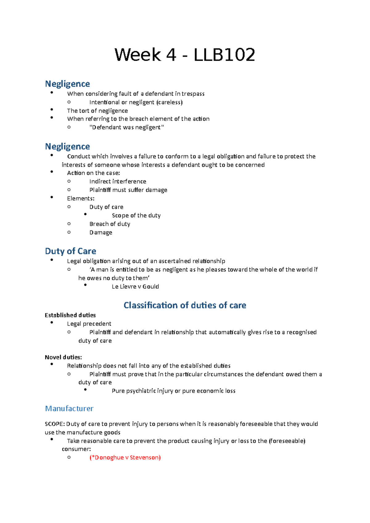 Week 4 lecture notes - Week 4 - LLB102 Negligence When considering ...