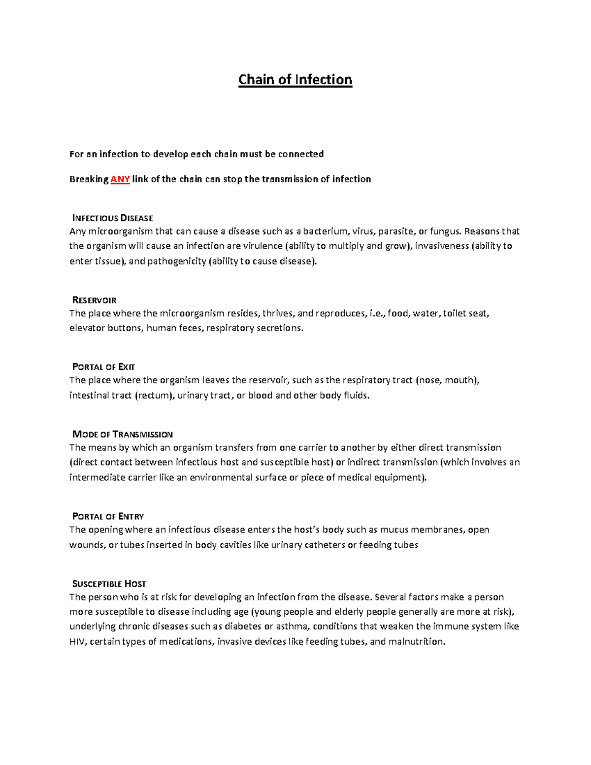 Chain of Infection Prof. Forde Chain of Infection For an infection