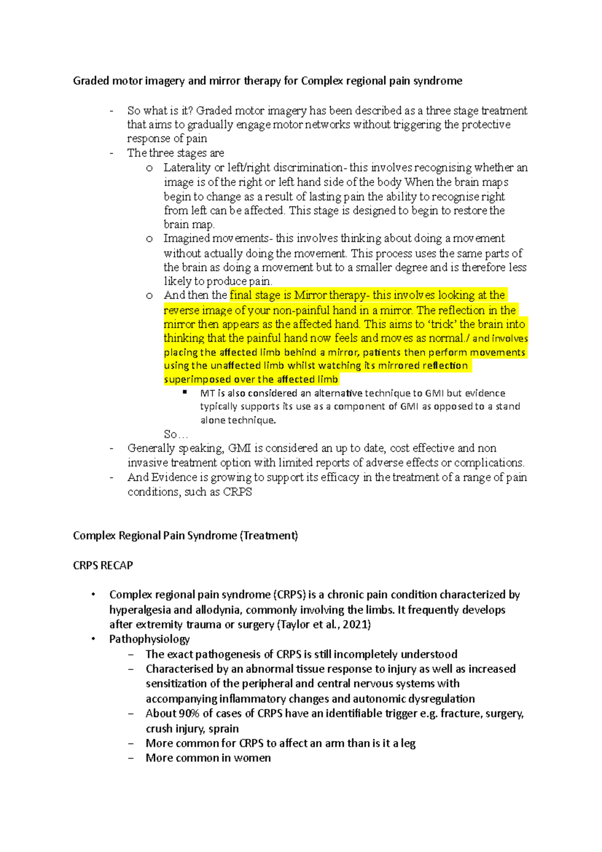 Graded motor imagery and mirror therapy for Complex regional pain ...