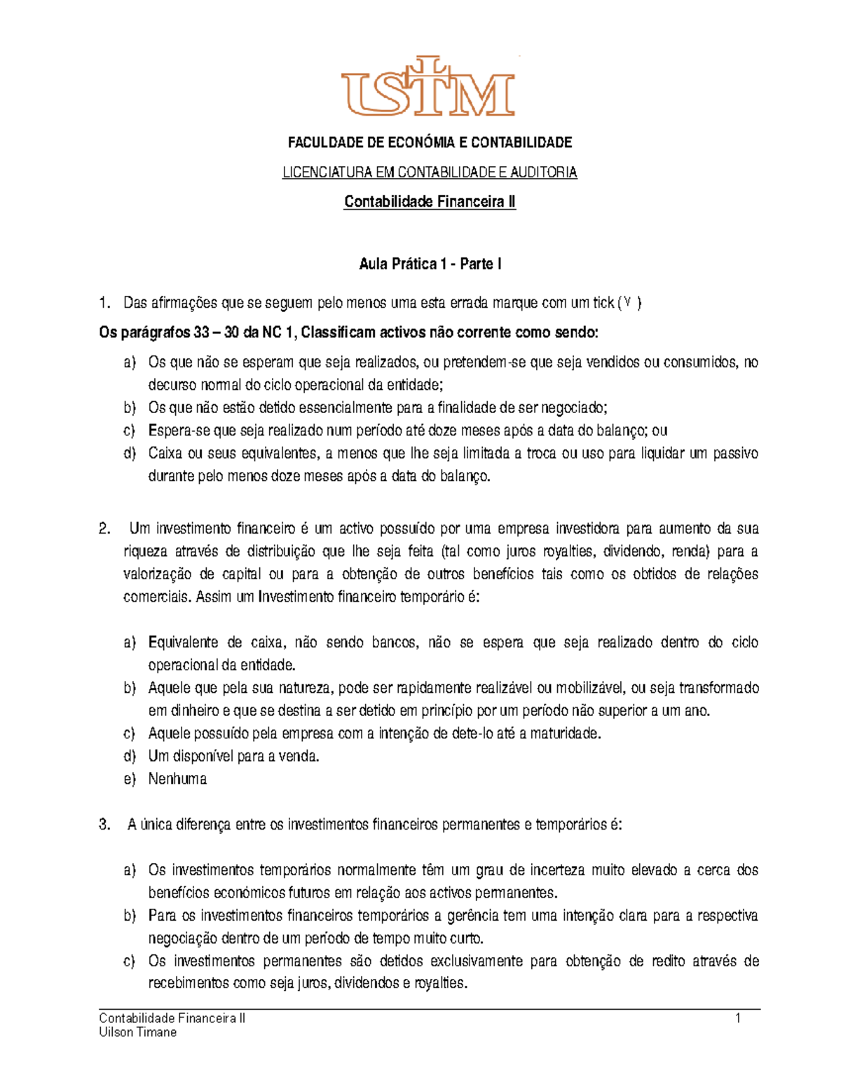 Aula Pratica 1 Investimentos Finnceiros Studocu