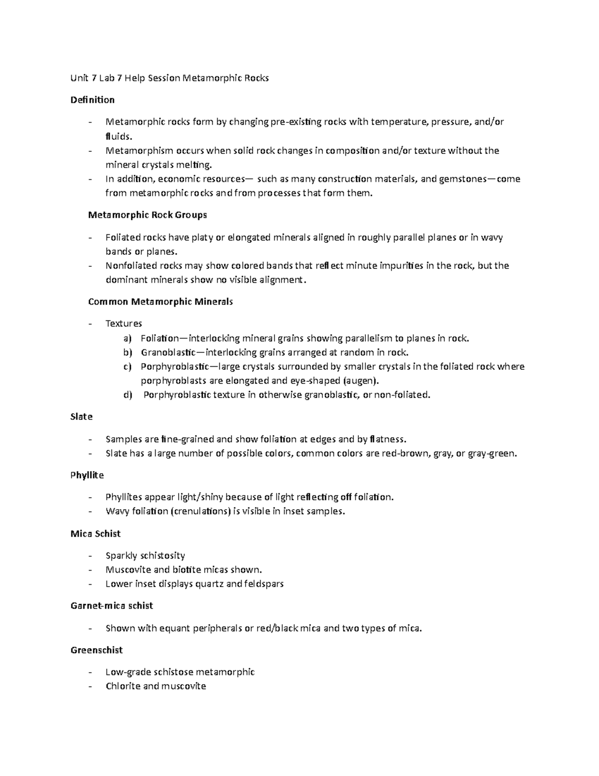 Unit 7 Lab 7 Help Session Metamorphic Rocks - Unit 7 Lab 7 Help Session ...