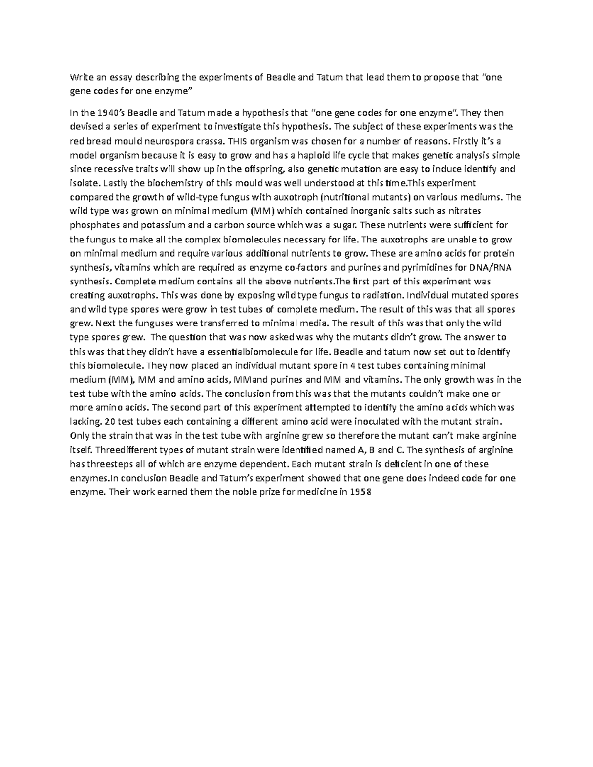 Write an essay describing the experiments of Beadle and Tatum that lead