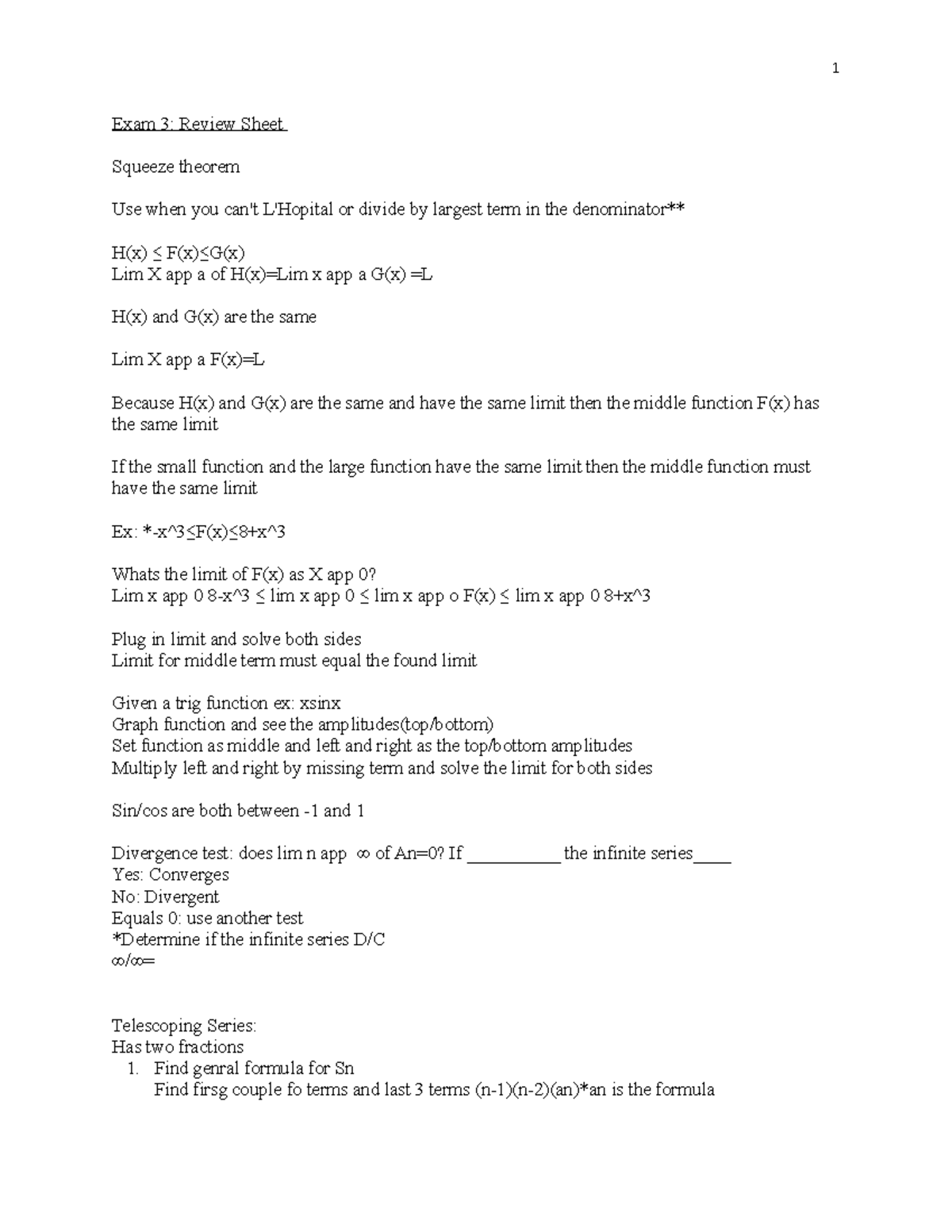 Calc 2 Exam 3 Review Mat 1575 Exam Review Sheet Squeeze Theorem Use When You Studocu