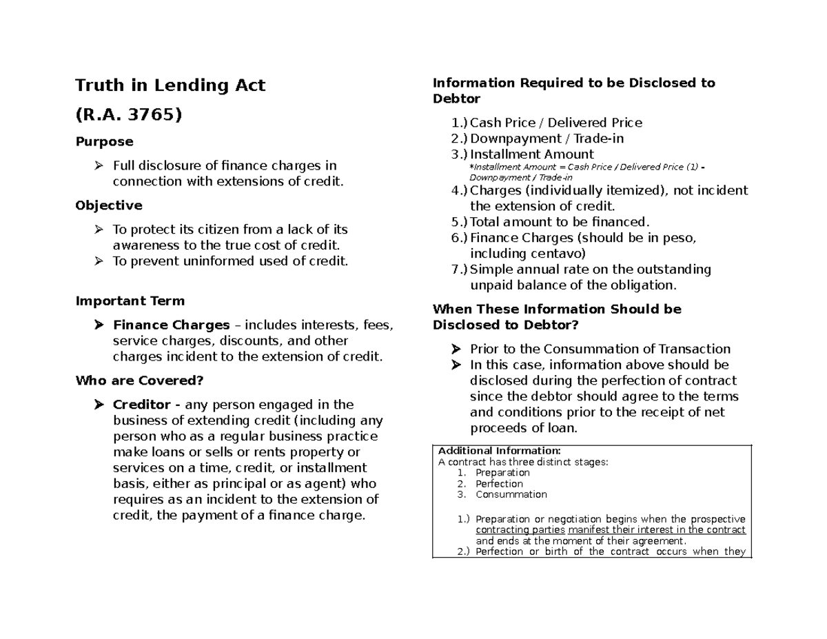 Truth in Lending Act (R.A. 3765) - Truth in Lending Act (R. 3765 ...