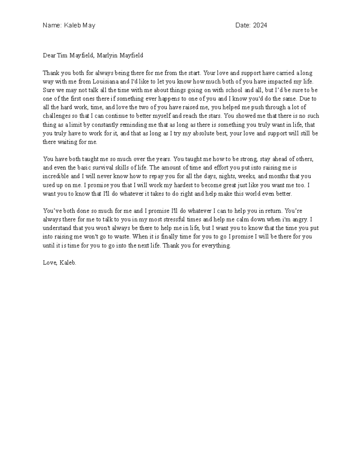 Letter of Gratitude - Instructor given Essay - Name: Kaleb May Date ...