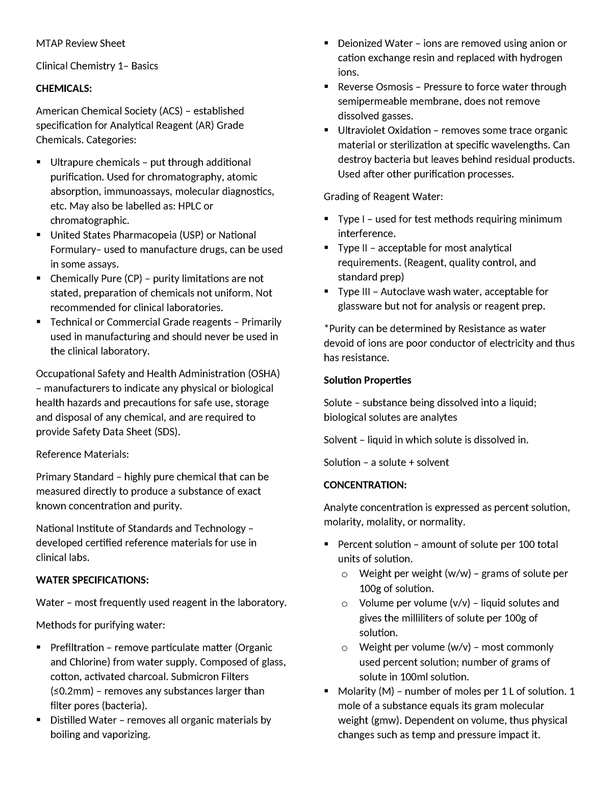 MTAP Review Sheet CC1-Basics - MTAP Review Sheet Clinical Chemistry 1 ...