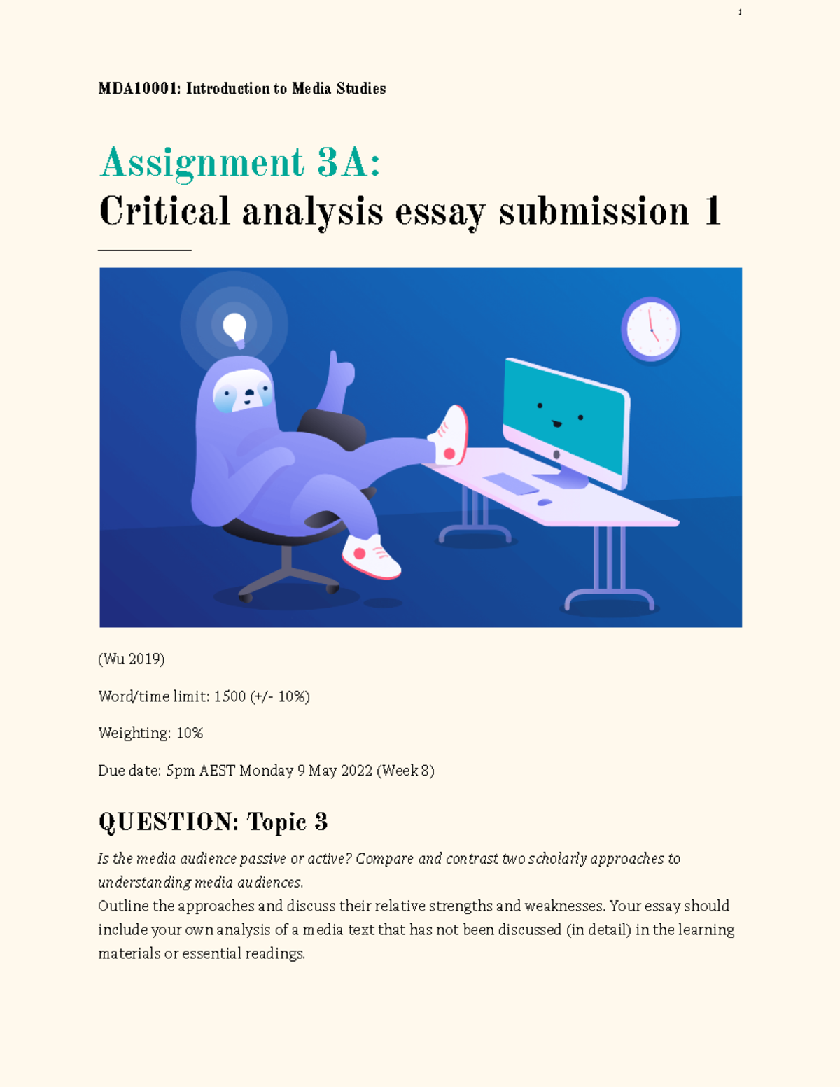 MDA10001 Assignment 3A Critical analysis essay submission 1 - MDA10001 ...