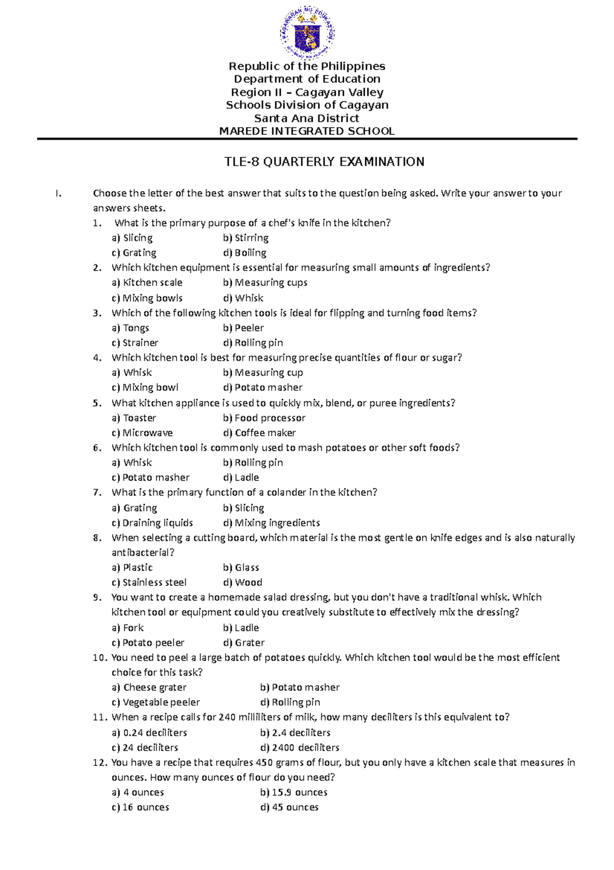 Tle-8 - this is a quarterly exam in tle under cookery - Department of ...