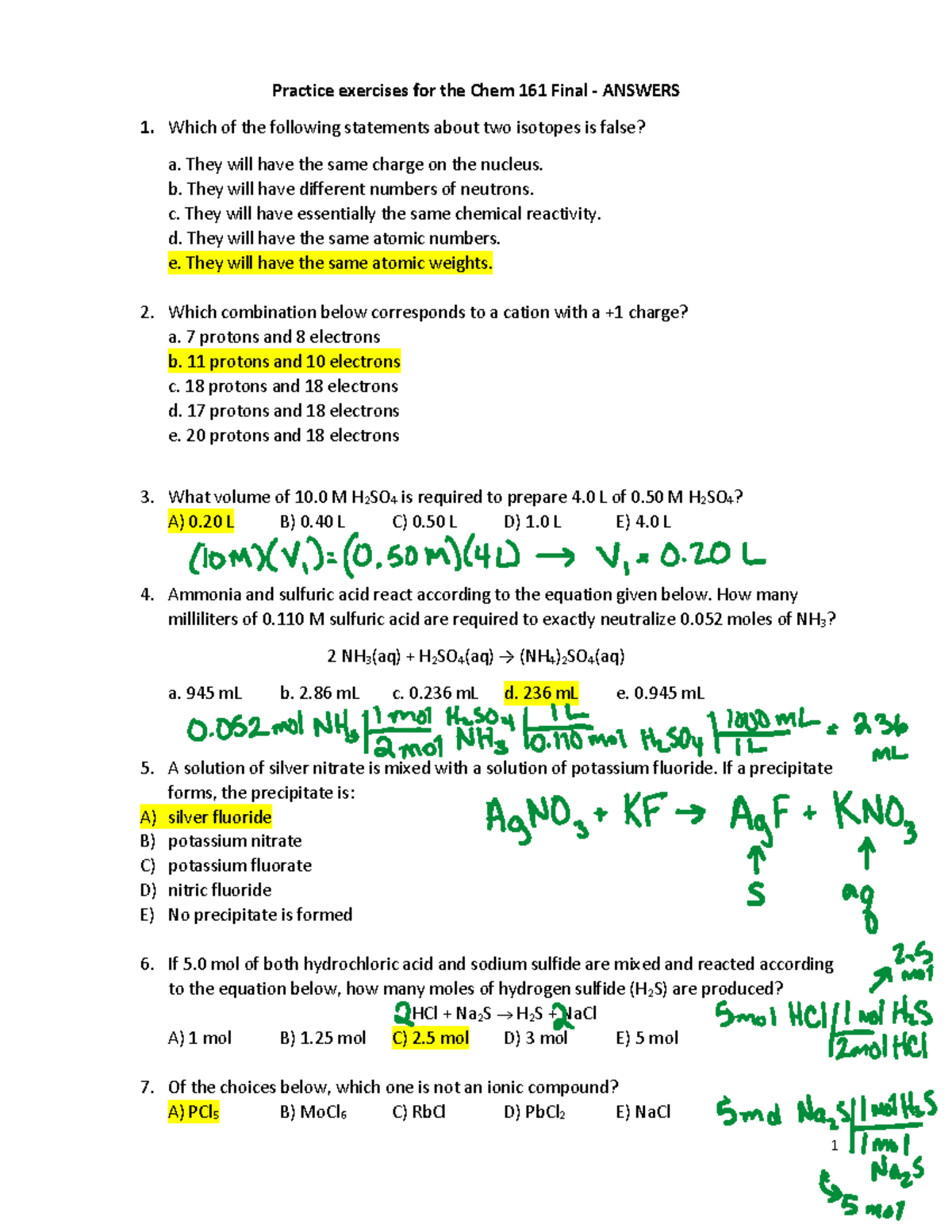 Practice exercises Chem 161 Final Answers - Practice exercises for the ...