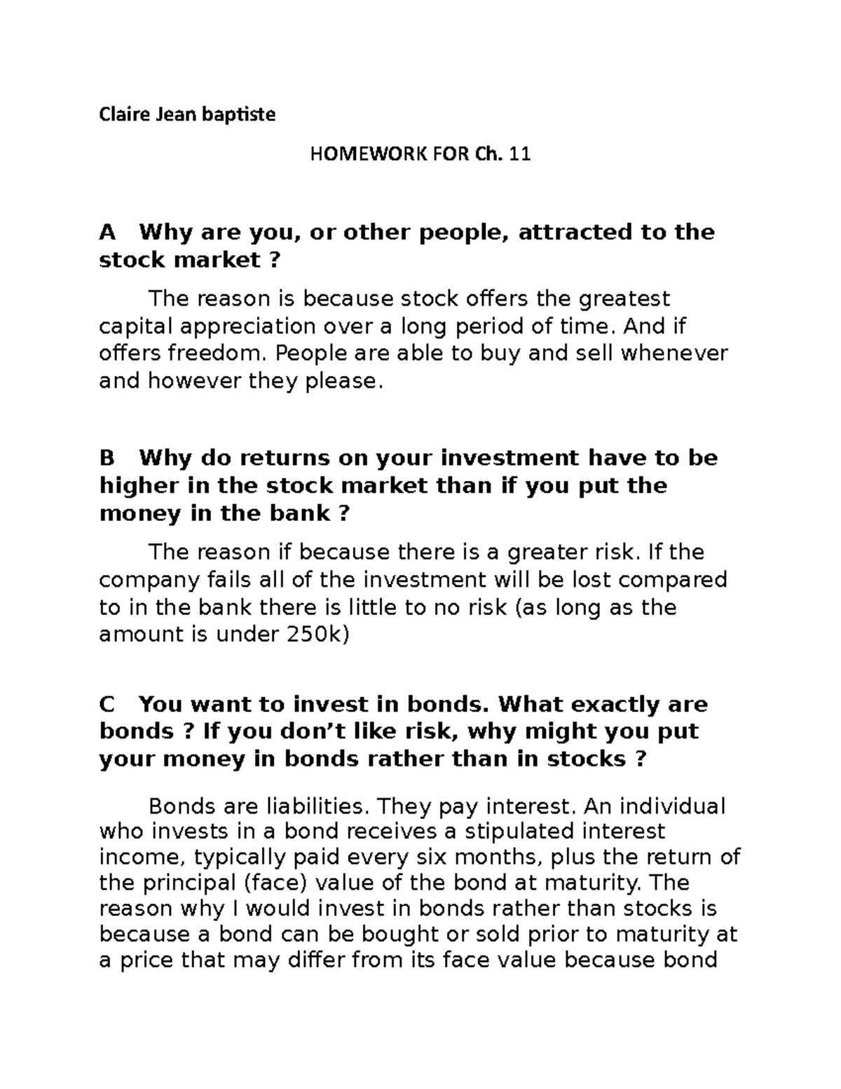 Ch 11 Homework[ 69] - Questions on finance - Claire Jean baptiste ...