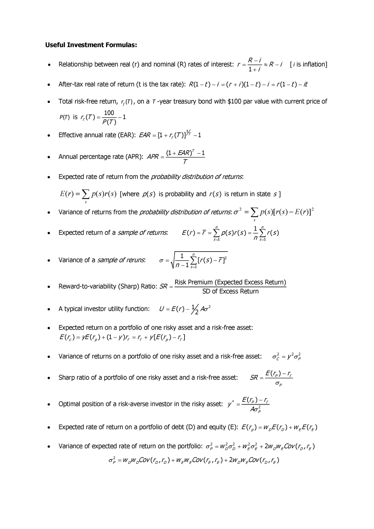 Useful Investment Formulas - Studocu