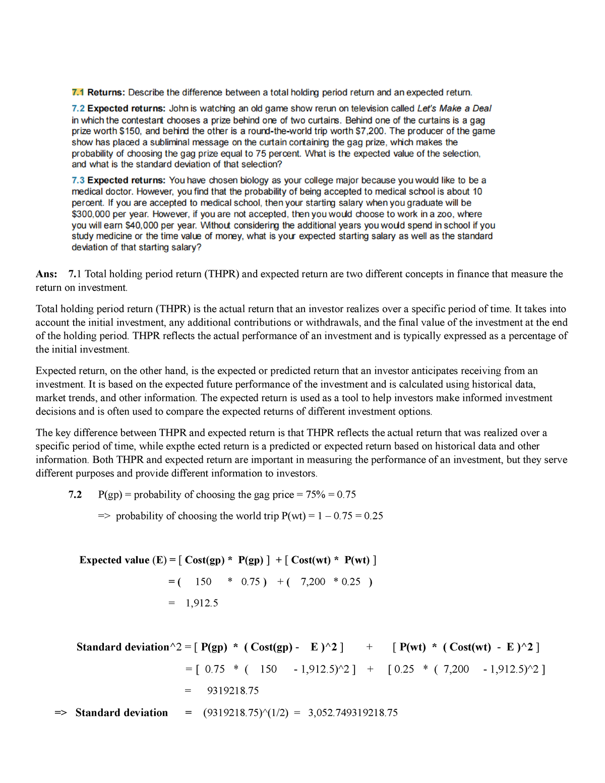 FIN202 Assignment Chap 7 Gr1 - Ans: 7 Total Holding Period Return (THPR ...