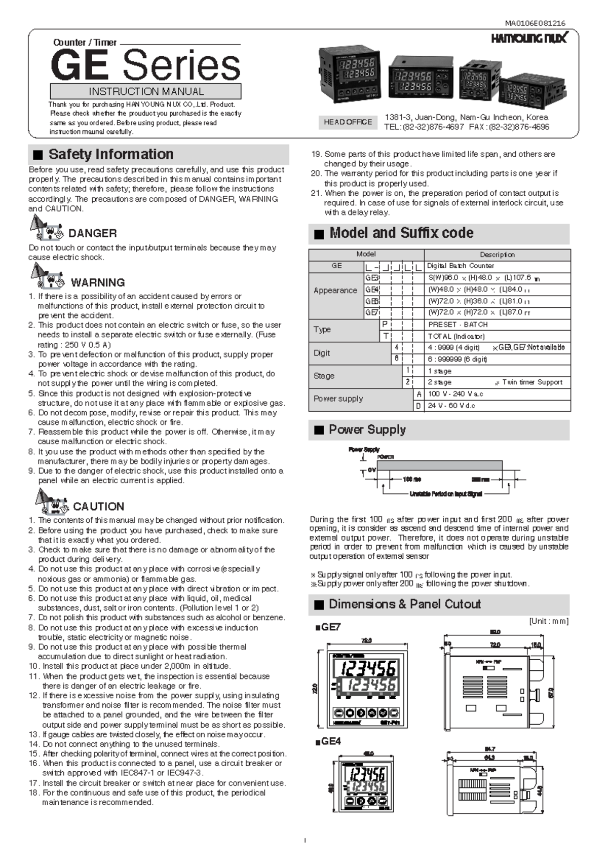 Digital batch counter discontinued hanyoung GE series Manual 1056 ...