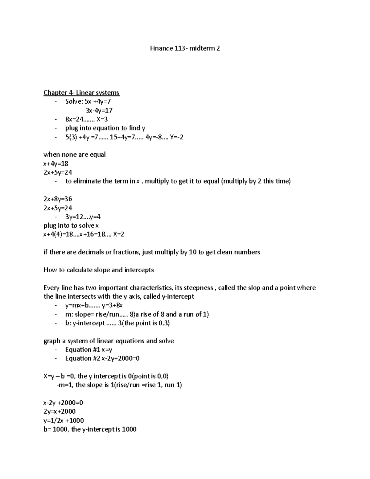 Midterm 2 Notes - Finance - Finance midterm 2 Chapter Linear systems ...