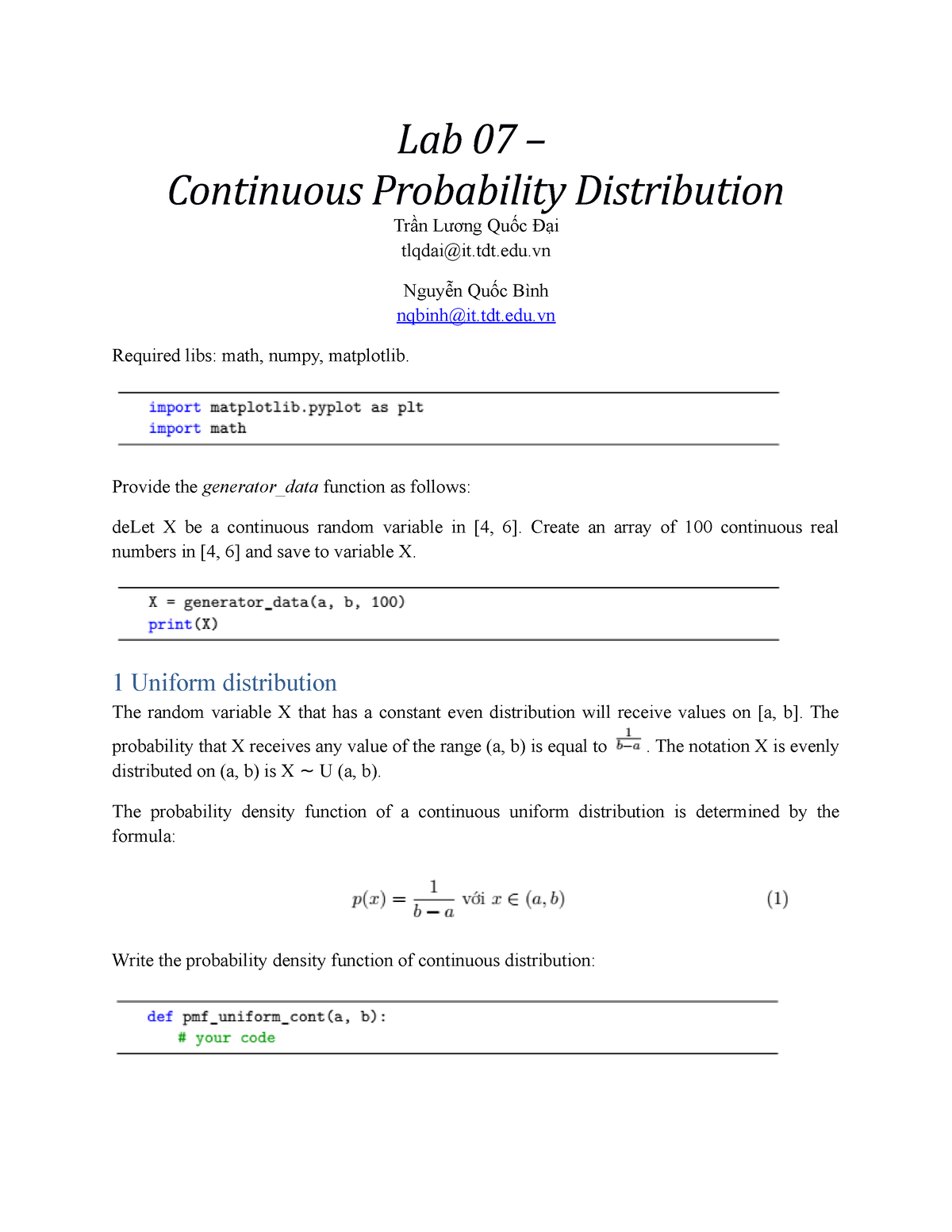 Lab-07-Continuos Distribution - Lab 07 – Continuous Probability ...