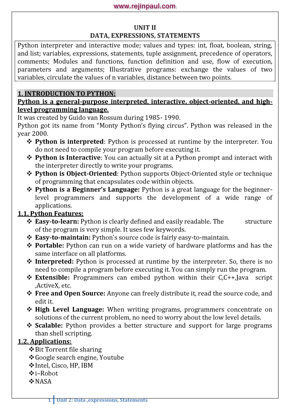 Unit-2 - safsf - UNIT II DATA, EXPRESSIONS, STATEMENTS Python ...