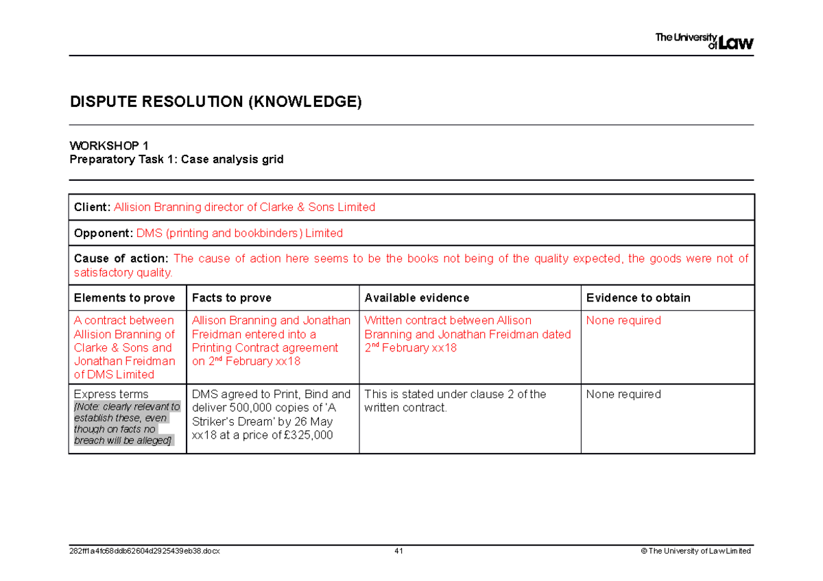 Workshop 1 - Case Analysis Grid - DISPUTE RESOLUTION (KNOWLEDGE ...