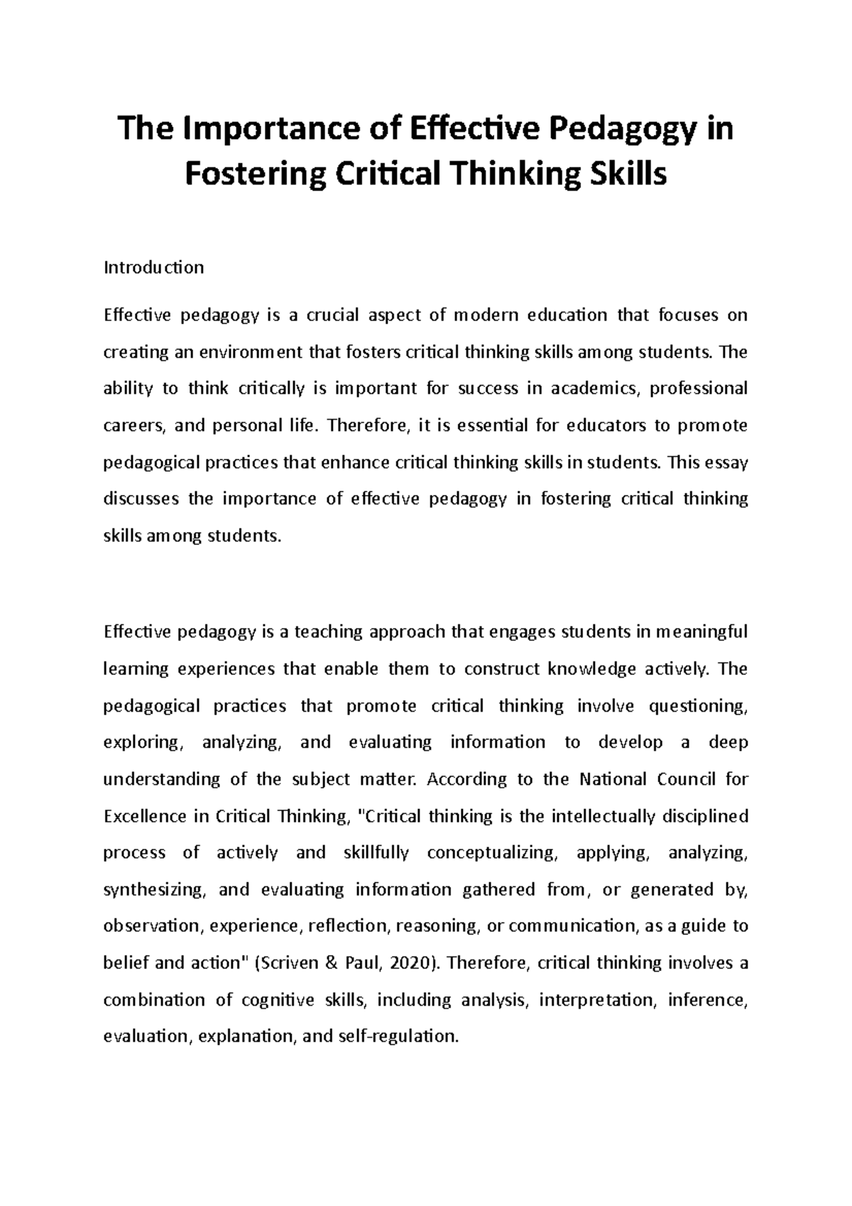 The Importance of Effective Pedagogy in Fostering Critical Thinking ...