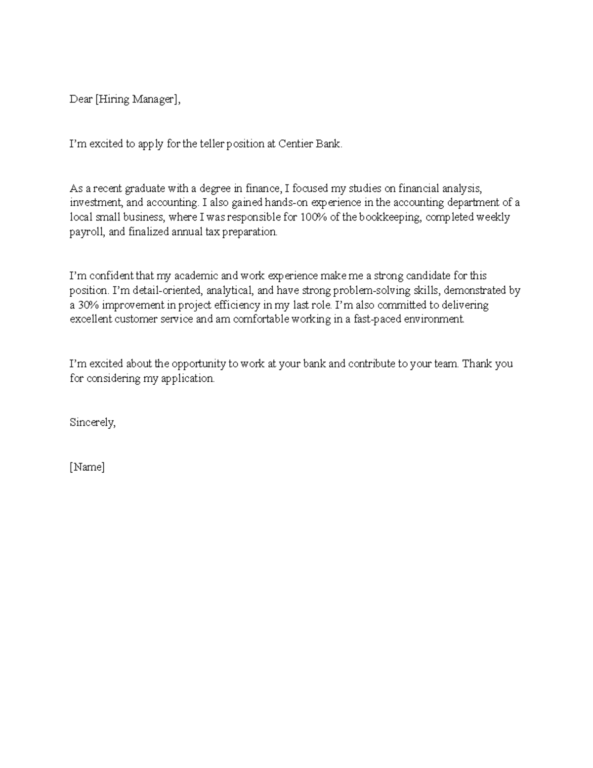 Cover letter sample - Dear [Hiring Manager], I’m excited to apply for ...