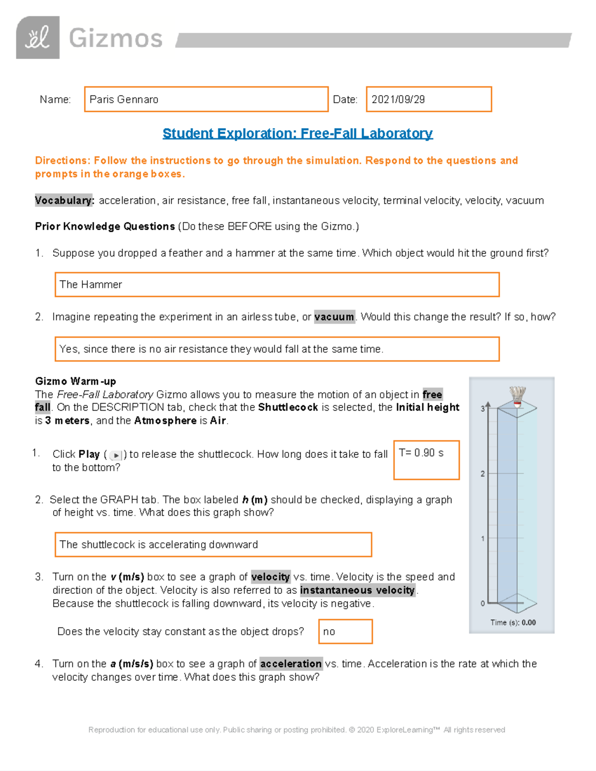 Paris Gennaro Gizmo Free Fall SE Google Docs Student Exploration 