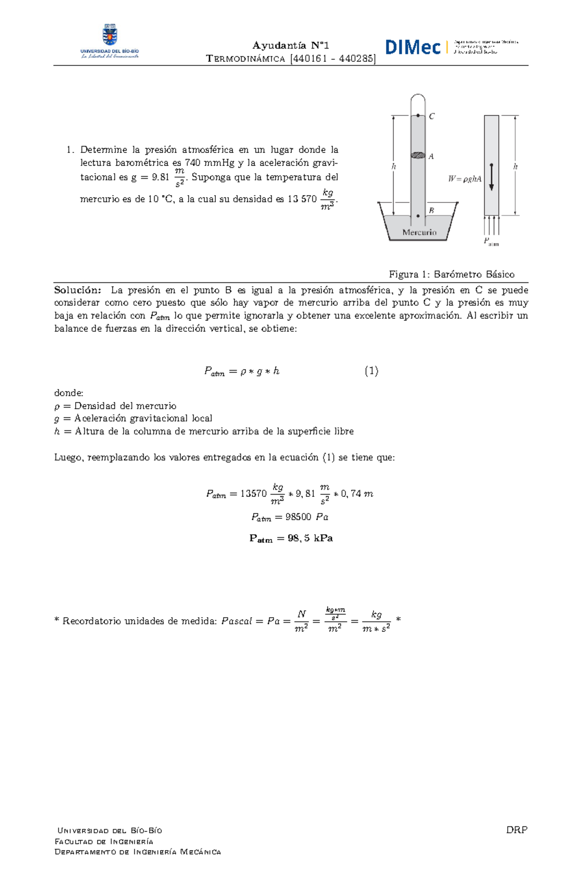 2024 1Termodinámica Ayudantía N 1 - Ayudant ́ıa N° 1 Termodin ́amica ...