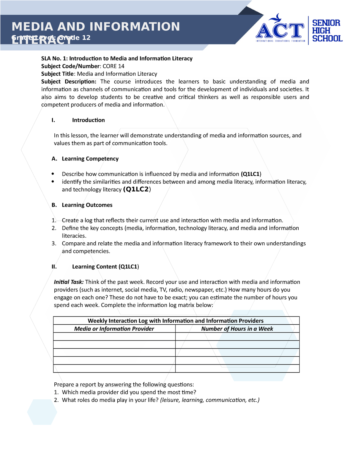 Media And Information Literacy Grade 12 Core 14 2021 2022 - V SLA No. 1 ...