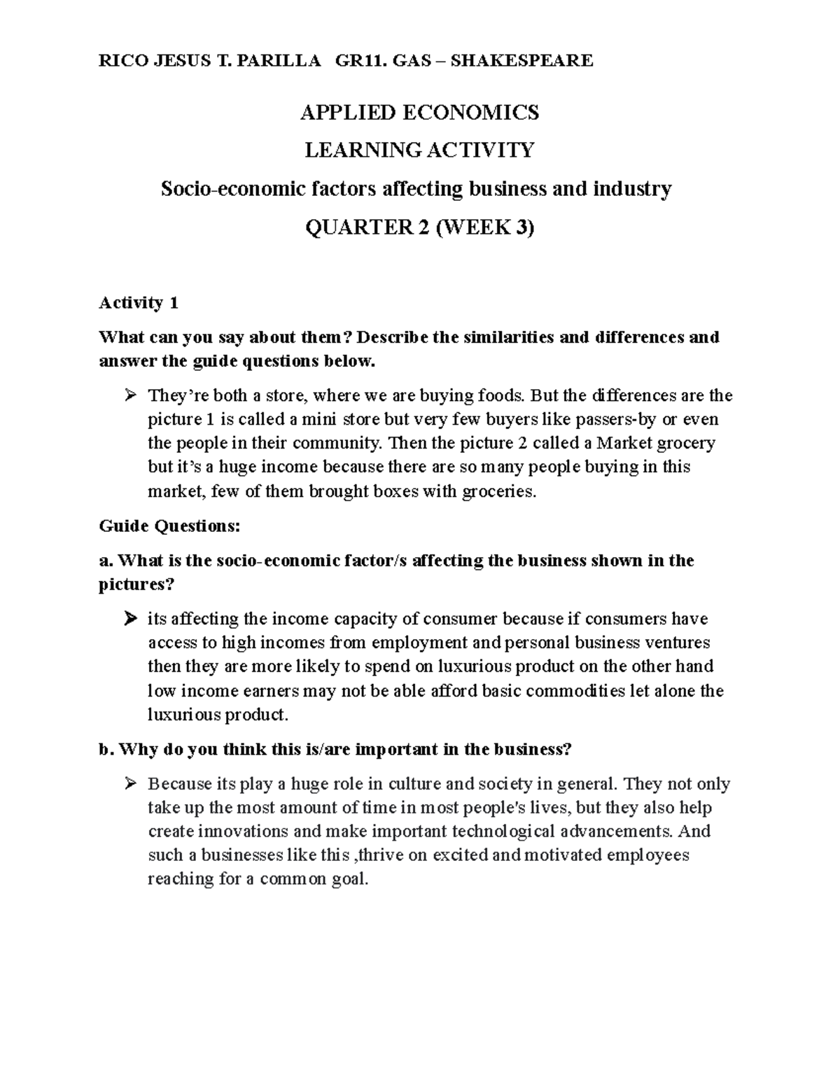 Applied Economics WEEK 3. Q2 - APPLIED ECONOMICS LEARNING ACTIVITY ...