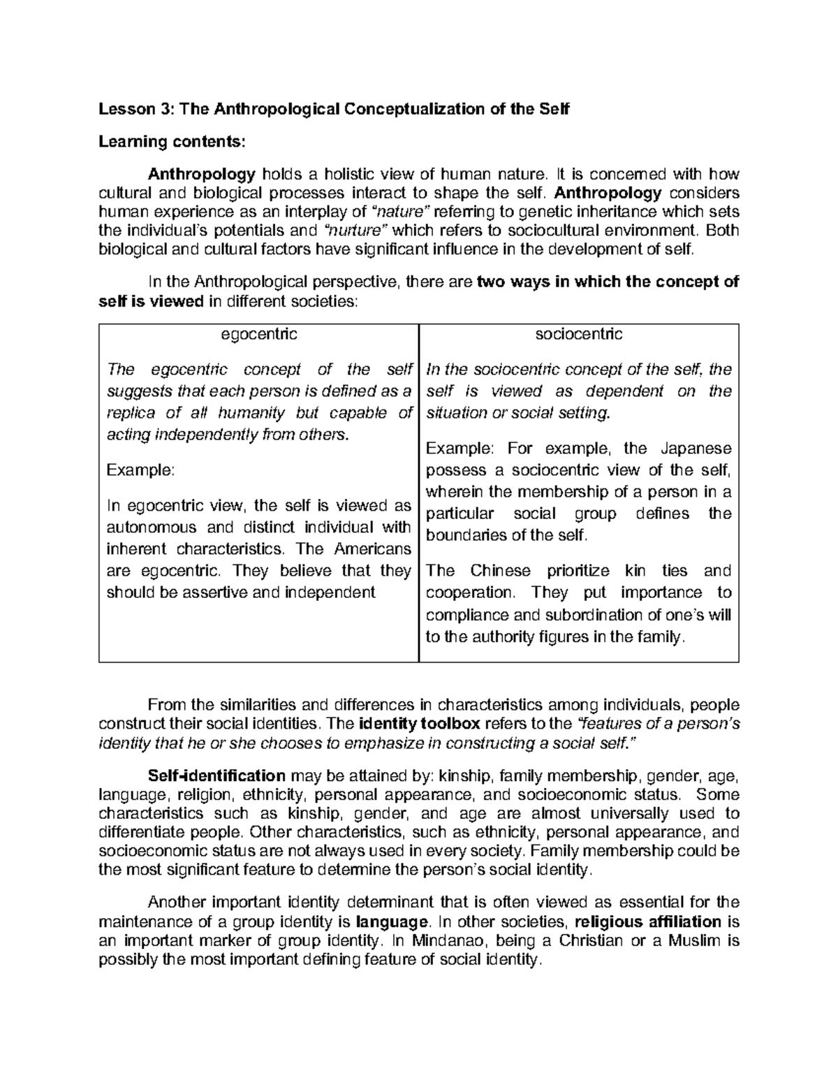 Uself Lesson 3 - The Anthropological Conceptualization of the Self ...